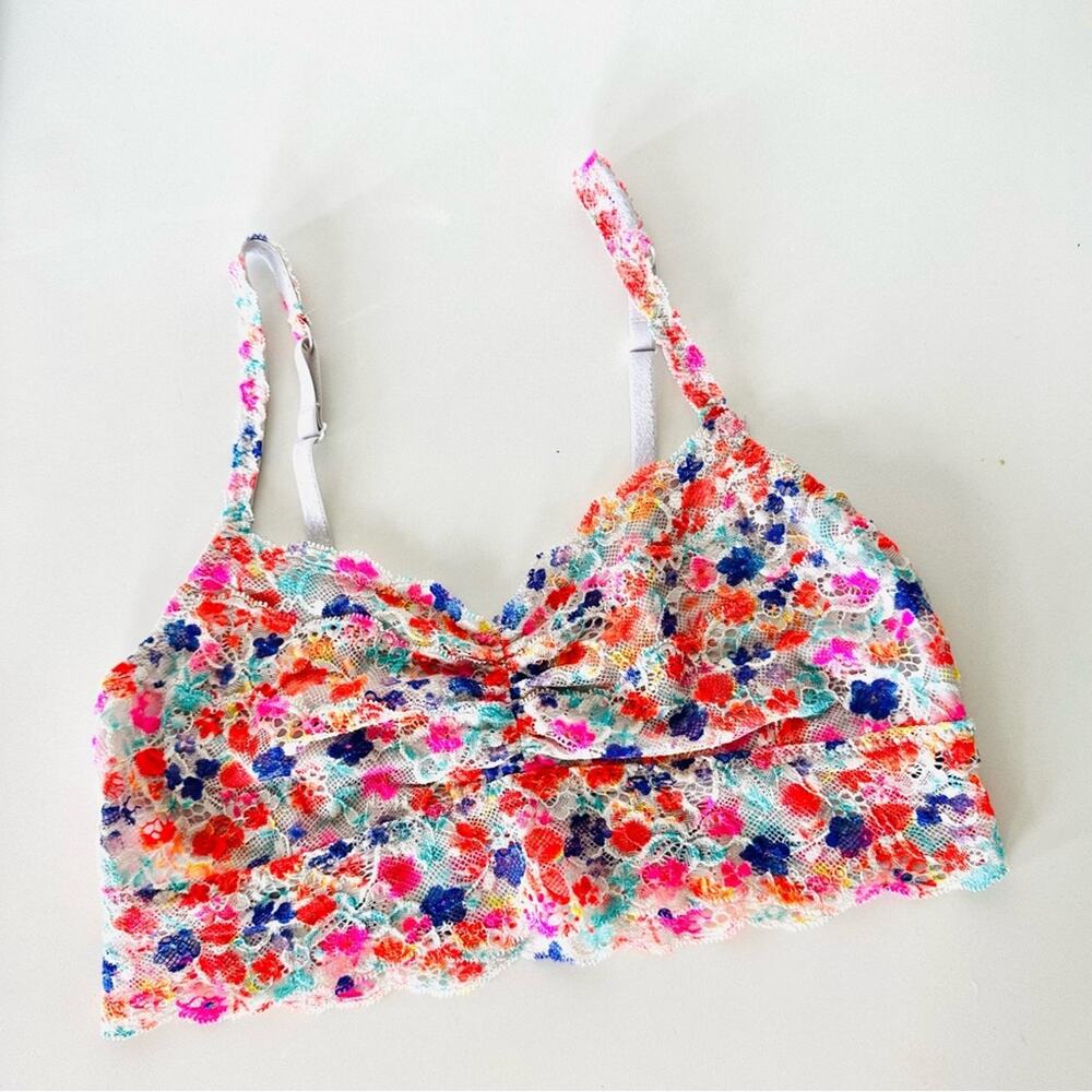 VS VICTORIAS SECRET PINK Lace White Red Blue Floral Print Ruffle Bra Bralette M
